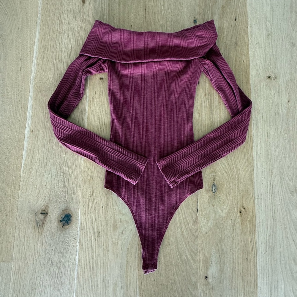 Aerie Long Sleeve Off Shoulder Bodysuit - Burgundy XS NWOT